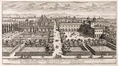 Roma'daki Villa Medici bahçelerinin perspektifi, Giovanni Battista Falda'nın (1640 veya 1643-1678) Li Giardni'den (Bahçeler) gravürü by Giovanni Battista Falda