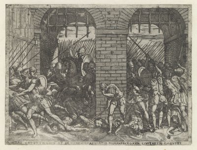 Romeinse soldaten vallen Crustumerium binnen Kaybeden Crustumeni (...) teslim oldun (nesne üzerine başlık) Leven van Romulus en Remus (dizi adı) by Giovanni Battista Fontana