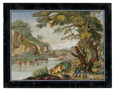Nehir manzarasında ateş eden bir partinin İtalyan mikromozaik resmi by Giovanni Battista Luchini