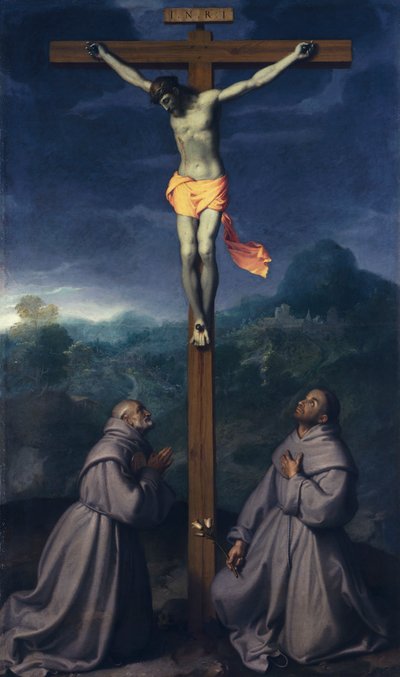 Aziz Bernardino ve Padua'lı Anthony ile Çarmıha Gerilme, Giovanni Battista Moroni (1525 ca- 1578), tuval üzerine yağlı boya, 226x133 cm, San Giuliano Kilisesi, Albino by Giovanni Battista Moroni