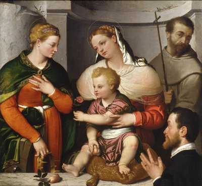 Aziz Catherine, Aziz Francis ve Donör ile Madonna ve Çocuk, c.1550 (tuval üzerine yağlı boya) by Giovanni Battista Moroni