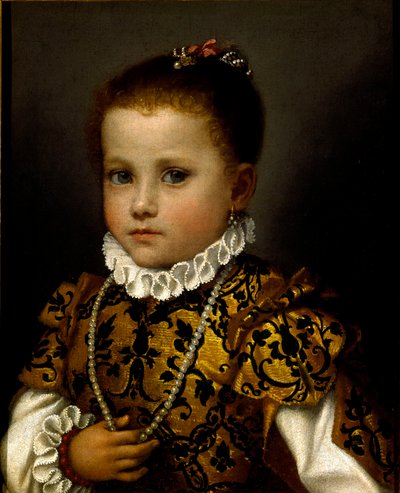 Küçük bir kızın portresi Brokar bir elbise içinde zengin bir şekilde giyinmiş küçük bir kız, inci bir kolye ve çilek yaka takıyor. Giovan Battista Moroni