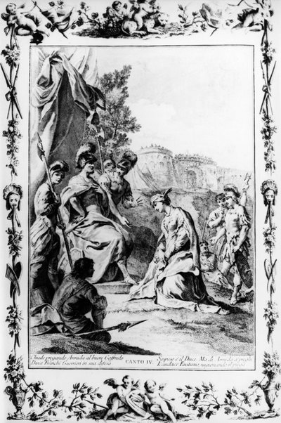 Eustathius, Godfrey of Bouillon ile Armida lehine aracılık ediyor, kanto IV, Kudüs teslim edildi by Giovanni Battista Piazzetta