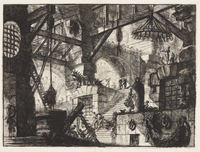 Sağa doğru ağır zincir gruplarının olduğu bir merdivenin ortasına ızgara ve rustik bir pencere yerleştirilmiştir. by Giovanni Battista Piranesi