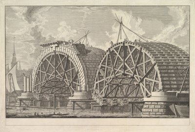 Blackfriars, Londra, yaklaşık olarak planlanan Köprünün bir bölümünün bir görünümü. 1764. by Giovanni Battista Piranesi
