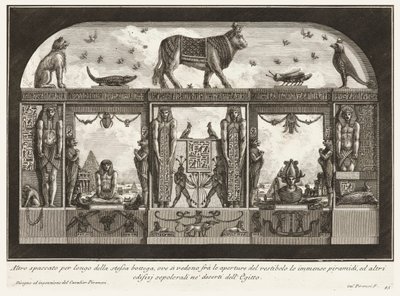 Aynı dükkânın, antrenin açıklıkları arasında devasa piramidin görülebildiği başka bir kesit, patikaların farklı şekillerde süslenmesinden. by Giovanni Battista Piranesi