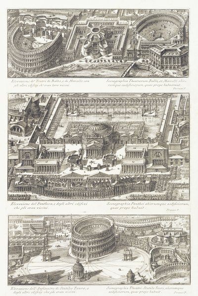 Kuş Bakışı Manzaraları: Balbo ve Marcello Tiyatroları, Pantheon ve Çevresi ve Statilio Tauro Amfitiyatrosu by Giovanni Battista Piranesi