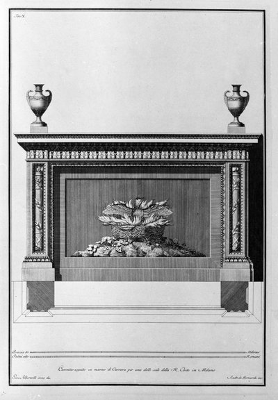 Milano tarzı bir oturma odası için Carrara mermer şömine projesi. Giovanni Piranesi (Piranese olarak bilinir) (1720-1778) tarafından çizim. by Giovanni Battista Piranesi