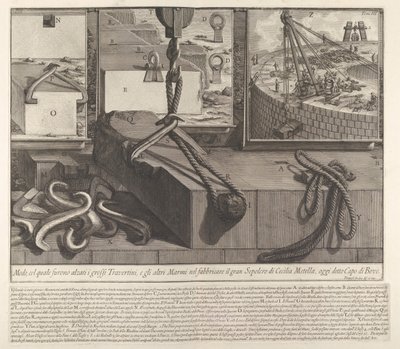 Konstrüksiyon için traverten ve mermer blokları yükseltme tekniğini gösteren gösteri panosu, 1756. by Giovanni Battista Piranesi