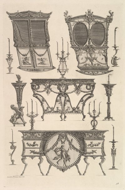 İki sedan sandalye, bir yan sehpa ve bir komodin Deux c..., ca. 1769. by Giovanni Battista Piranesi