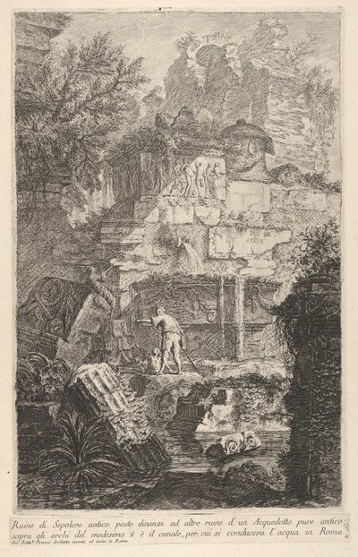 Levha 6: Kemerin üzerinde, eski bir su kemeri kalıntılarının önündeki eski bir mezarın kalıntıları..., 1743. by Giovanni Battista Piranesi