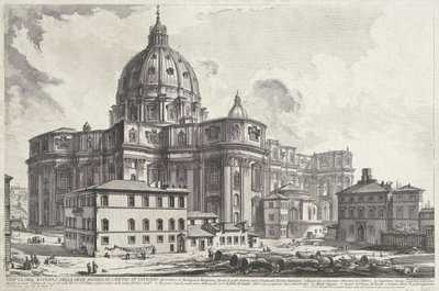 Sint-Pietersbasiliek vanaf Piazza della Sacrestia Vatikan'daki büyük Aziz Petrus Bazilikası'nın dış görünümü (nesne üzerindeki başlık) Gezichten op Rome (dizi başlığı) Giambattista Piranesi mimar Ve (nez) iano (ser) tarafından tasarlanmış ve oyulmu by Giovanni Battista Piranesi
