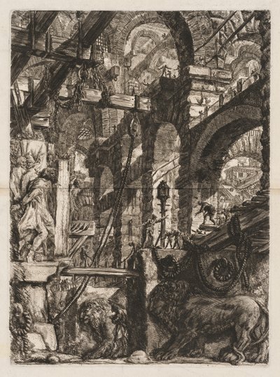 Hapishaneler: Ön Planda Taş Levhalar Üzerine Rölyef Oyulmuş İki Aslan ile Roma Kemerlerine Bir Bakış by Giovanni Battista Piranesi
