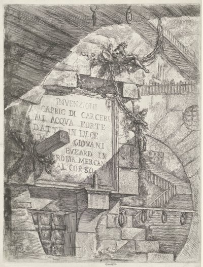 Zindanda yüz ve duvarda başlık ile başlık baskısı Zindanlar (dizi adı) Invenzioni Capric di Carceri all Acqua Forte (nesne üzerinde seri başlığı) by Giovanni Battista Piranesi