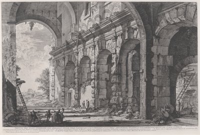 İmparator Domitian tarafından inşa edilen, Flavian Amfitiyatrosu ile ilişkilendirilen ve genellikle Curia Hostilia olarak adlandırılan Vahşi Hayvanlar Kafeslerinin üst katının görünümü, c.1760-1778 (gravür) by Giovanni Battista Piranesi