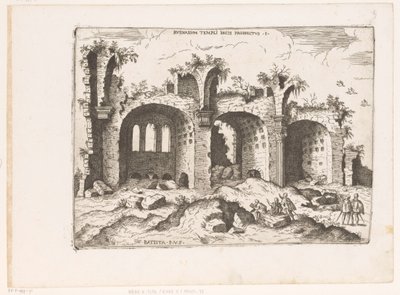 Gezicht op de Basilica van Maxentius te Roma Ruinarum Barış Tapınağı Prospektüsü (nesne üzerindeki başlık) Romeinse Ruïnes (dizi başlığı) Antik Roma Dönemi Harabe Anıtları Üzerine Notlar (...) (dizi başlığı) by Giovanni Battista Pittoni (I)