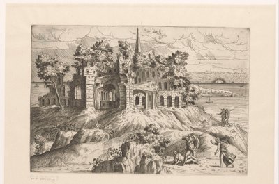 Su üzerinde harabeler ve yükselen veya batan güneş ile manzara Antik ve egzotik elbiseli harabeler ve fantezi mimarisi ve figürleri olan manzaralar (seri başlığı) by Giovanni Battista Pittoni (I)