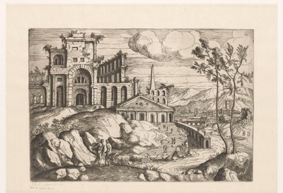 Şelale ile akan su üzerinde harabeler ve fantezi mimarisi ile manzara Antik ve egzotik elbiseli harabeler ve fantezi mimarisi ve figürleri olan manzaralar (seri başlığı) by Giovanni Battista Pittoni (I)