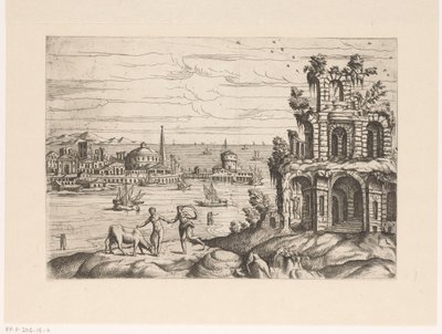 Su kenarındaki harabeler ve fantezi mimarisi ile şehir manzarası Antik ve egzotik elbiseli harabeler ve fantezi mimarisi ve figürler ile manzaralar (seri başlığı) by Giovanni Battista Pittoni (I)