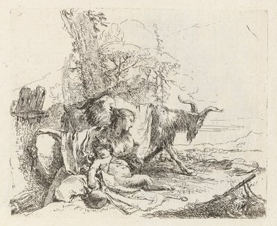 Vari capricci'den (Çeşitli Capriccios) Küçük Satyr ve İki Keçili Bir Peri by Giovanni Battista Tiepolo