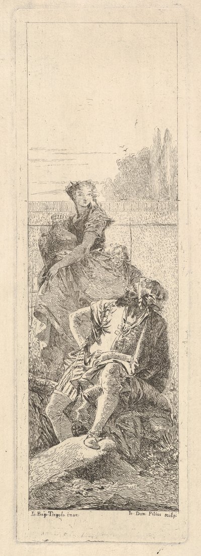Sakallı, oturan bir adam sağ omzunun üzerinden bir çocuğa ve bir kadına bakar..., ca. 1750-55. by Giovanni Battista Tiepolo