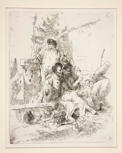Punchinello, Scherzi di Fantasia dizisinden iki sihirbazla konuşuyor by Giovanni-Battista Tiepolo