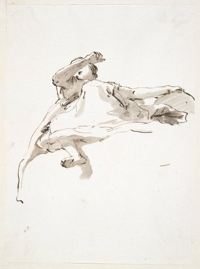Uzanmış kadın figürü, sol eli kürenin üzerinde, sağ kolu yüzünün önünde kaldırılmış, aşağıdan görülüyor by Giovanni Battista Tiepolo