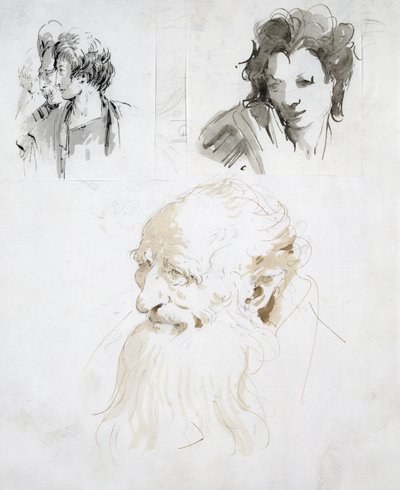 Üç Kafa Çalışması (kalem, mürekkep ve kağıt üzerinde yıkama) by Giovanni Battista Tiepolo