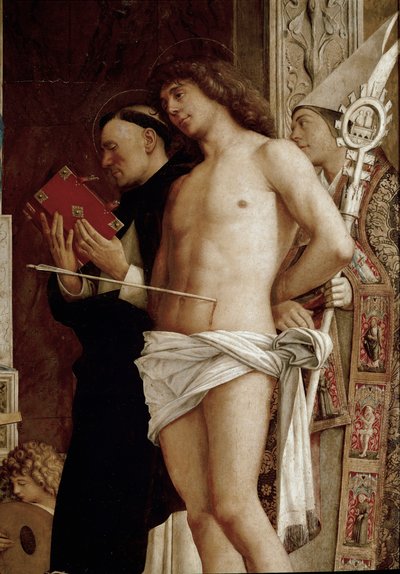 Aziz İş Altarpiece: Altı Aziz ve Müzisyenler Melekler ile Bakire ve Çocuk. Detay (panelde sıcaklık, yaklaşık 1487) by Giovanni Bellini