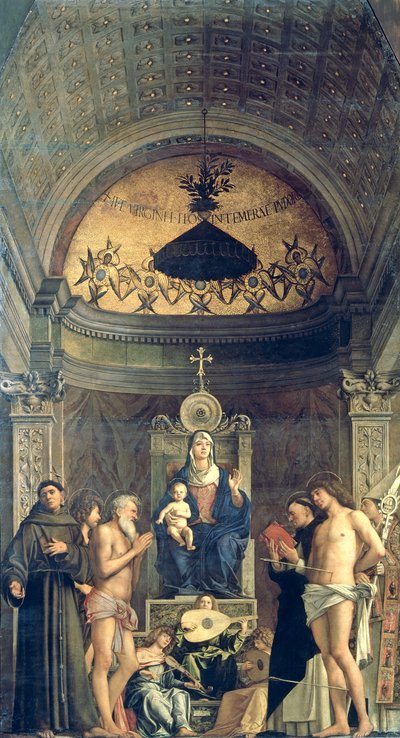 Madonna ve Çocuk SS arasında Enthroned. Francis, John the Baptist, Job, Dominic, Sebastian ve Louis (San Giobbe Altarpiece) c.1487 (ayrıntılar için bkz. 61101 ve 276359) by Giovanni Bellini