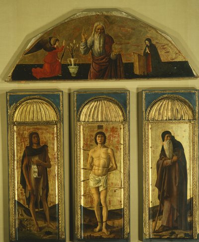 Giovanni Bellini (1431-36 - 1516) ve diğer ressamların St Sebastian Triptych'i, panelde tempera, orta panel 127x48, yan paneller 103x45, lunette 59x170 by Giovanni Bellini