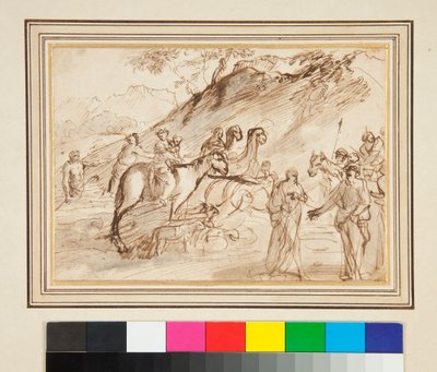 Arka Planda İki Adamın, Atların ve Develerin Buluşması (kalem ve kahverengi mürekkep ve gri yıkama) by Giovanni Benedetto Castiglione