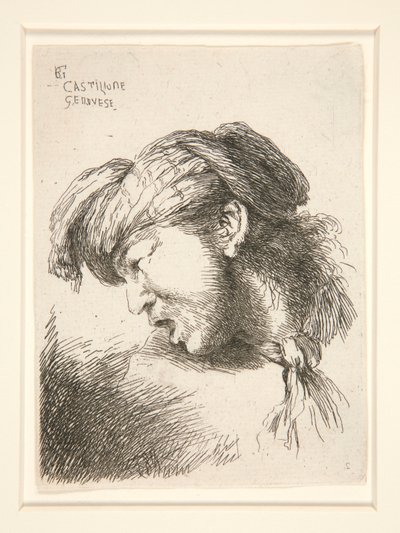 Profilde görülen sakalsız bir adam sağa döndü. Les petites tetes d dizisinden bağırmak istercesine ağzı açık. by Giovanni Benedetto Castiglione