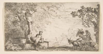 Priapus heykelinin dibinde yatan bir satir, sağda keçiler, yakl. 1645-48. by Giovanni Benedetto Castiglione