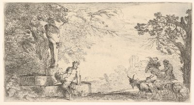 Priapus heykelinin dibinde yatan bir satir, sağda keçiler, yakl. 1645-48. by Giovanni Benedetto Castiglione
