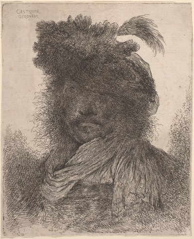 Yüzü Gölgeli, Atkı ve Tüylü Şapka Takan Sakallı Adam by Giovanni Benedetto Castiglione