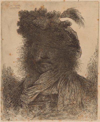 Yüzü Gölgeli, Atkı ve Tüylü Şapka Takan Sakallı Adam by Giovanni Benedetto Castiglione
