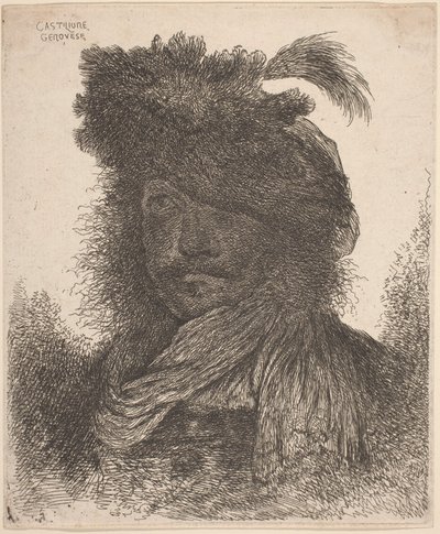Yüzü Gölgeli, Atkı ve Tüylü Şapka Takan Sakallı Adam by Giovanni Benedetto Castiglione