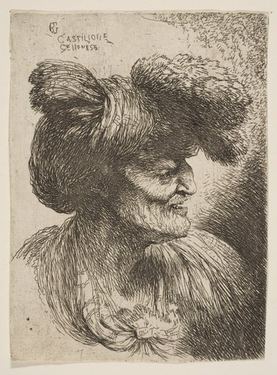 Küçük Kafa serisinden sağa bakan profilde sakalsız yaşlı adam büstü..., yakl. 1645-1650. by Giovanni Benedetto Castiglione
