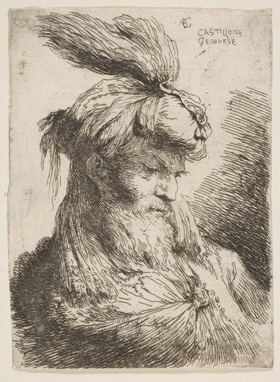 Küçük Başlar serisinden türbanı sağa bakan sakallı bir adamın başı..., ca. 1645-1650. by Giovanni Benedetto Castiglione