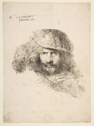 Tüylü bir şapka takan bir adamın başı, muhtemelen Bernini, muhtemelen kendi portresi..., yaklaşık. 1645-1650. by Giovanni Benedetto Castiglione
