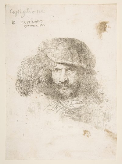 Tüylü bir şapka takan bir adamın başı, muhtemelen Bernini, muhtemelen kendi portresi..., yaklaşık. 1645-1650. by Giovanni Benedetto Castiglione