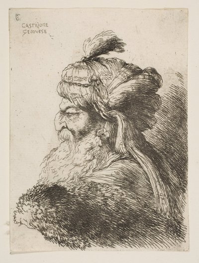 Sola bakan türbanlı yaşlı bir adamın başı, Küçük Başlar dizisinden ..., yaklaşık. 1645-1650. by Giovanni Benedetto Castiglione