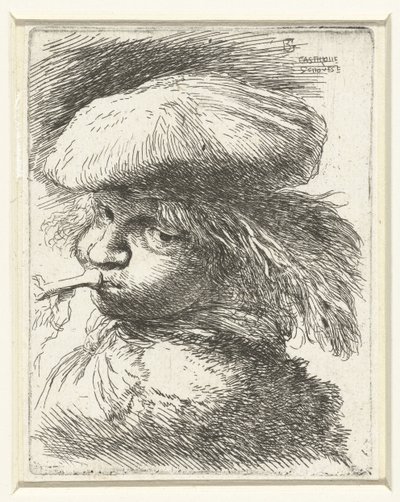 Trompet üfleyen bir çocuğun başı Oryantal başlıklı kafalarla ilgili küçük bir çalışma (seri başlığı) by Giovanni Benedetto Castiglione