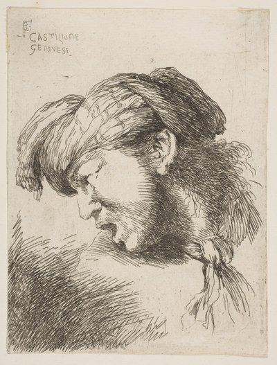 Türban takan, boynuna kravat takan, yüzü sola dönük,..., 1645-1650 serisinden adam. by Giovanni Benedetto Castiglione