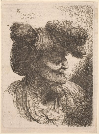 Sağa dönük, kürkle süslenmiş bir türban takan yaşlı adam by Giovanni Benedetto Castiglione