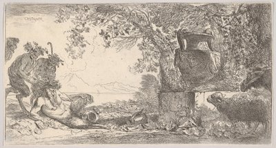 Solda ayakta duran iki satir ile uzanmış tava, sağda bir kaide üzerinde büyük bir vazo, yakl. 1645. by Giovanni Benedetto Castiglione