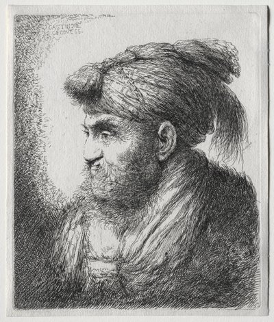Oryantal Başlıklı Erkeklerin Büyük Başları: Neredeyse Profilde ve Sola Dönmüş Bir Adam. by Giovanni Benedetto Castiglione