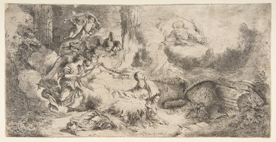 Bakire ve Çocuk, Tanrı baba sağ üstte, melekler solda, yakl. 1647-50. by Giovanni Benedetto Castiglione