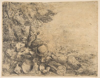 Bir manzarada iki çoban, bir eşek ve diğer hayvanlar, ca. 1638-1640. by Giovanni Benedetto Castiglione
